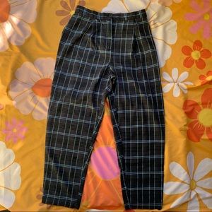 Navy Blue Plaid Straight Leg Trousers